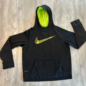 Nike Dri-Fit Hoodie Boys XL Black & Neon Green Swoosh Pullover Youth Sweatshirt.